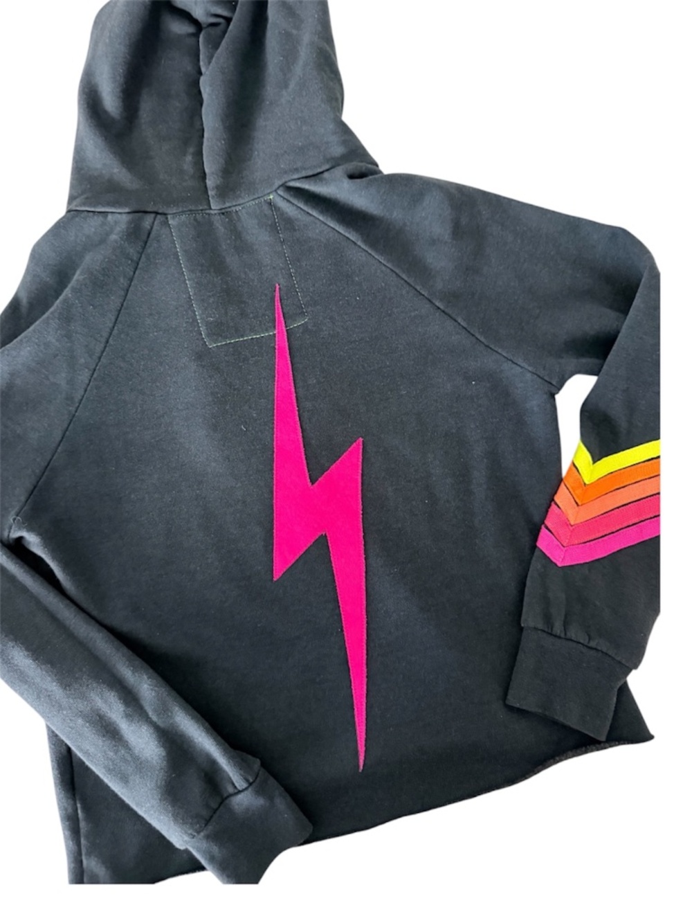 Aviator Nation Charcoal Neon Stripe Bolt Cropped Hoodie, Size M - Picture 4 of 9